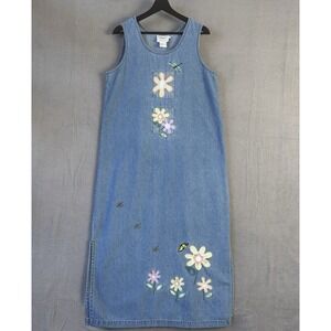 Vintage Denim Jumper Dress Women L Floral Embroidered Butterfly Bees Cottagecore